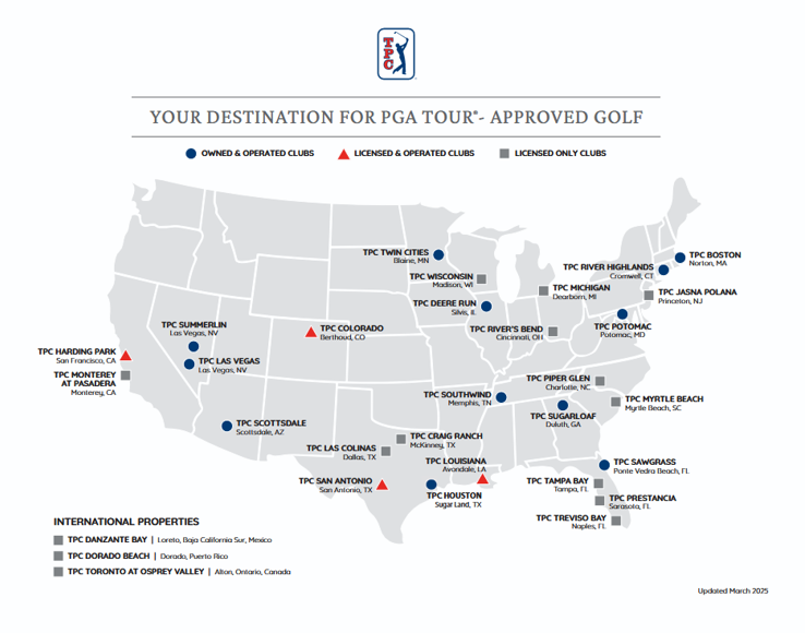 Map of TPC clubs, with owned and operated clubs marked by a blue dot.