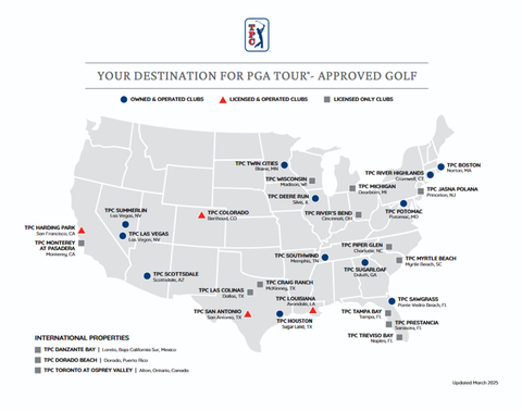 Map of TPC clubs, with owned and operated clubs marked by a blue dot.