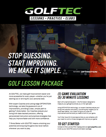 GolfTec lesson package flyer: one game evaluation and five 30 minute lessons.